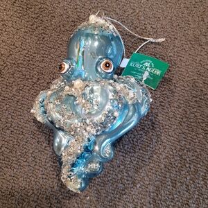 KURT ADLER  Coastal Blue Beaded Octopus Hand Blown Glass Ornament NWT 5 in